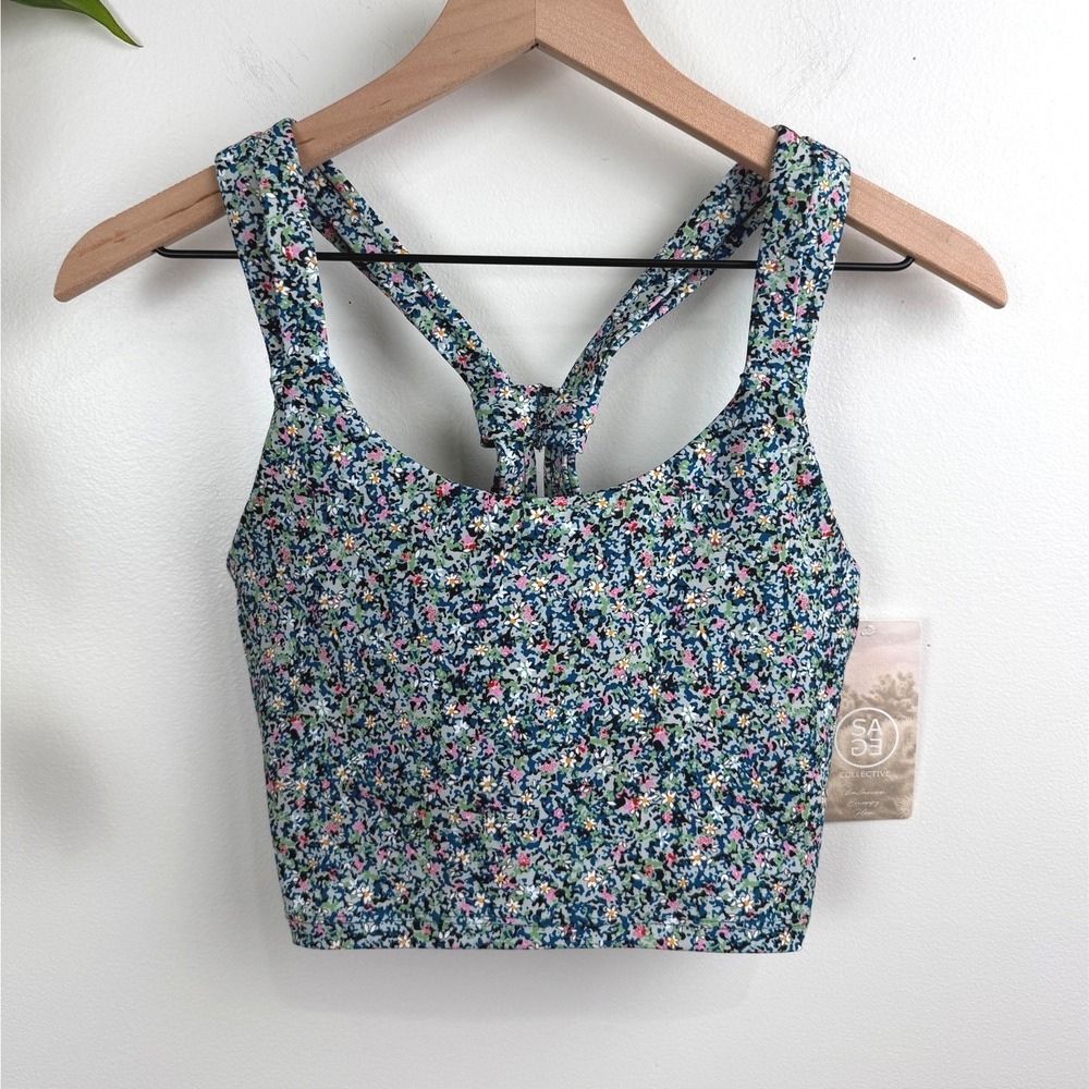 Sage Collective Blue Static Ditsy Floral Crop Top Sport Bra Tank XS Activewear